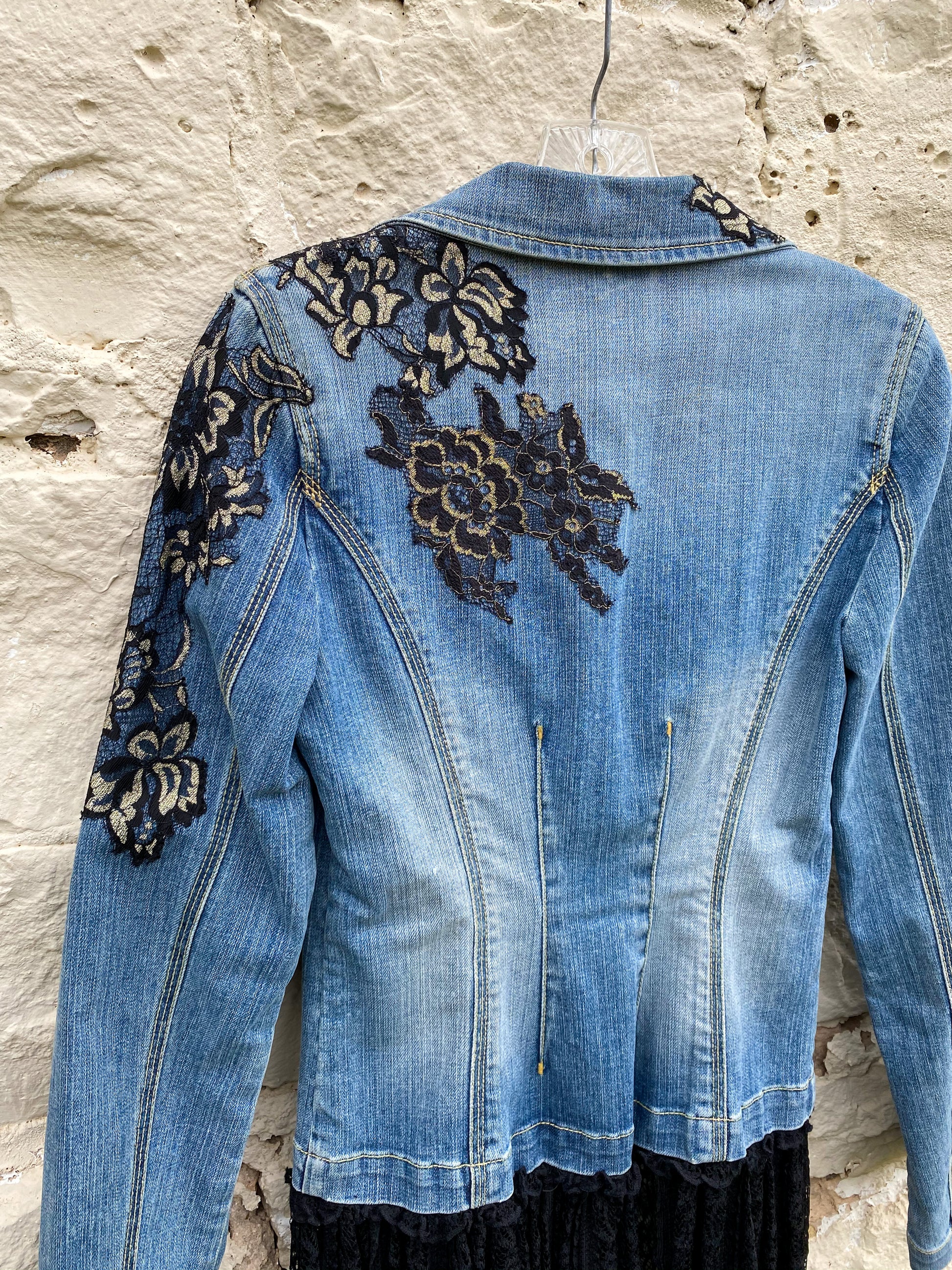 Denim Jacket with Black Lace Appliques and Long Black Lace Skirt XS A Victorian Revolution Denim Jacket with Black Lace Appliques and Long Black Lace Skirt XS A Victorian Revolution