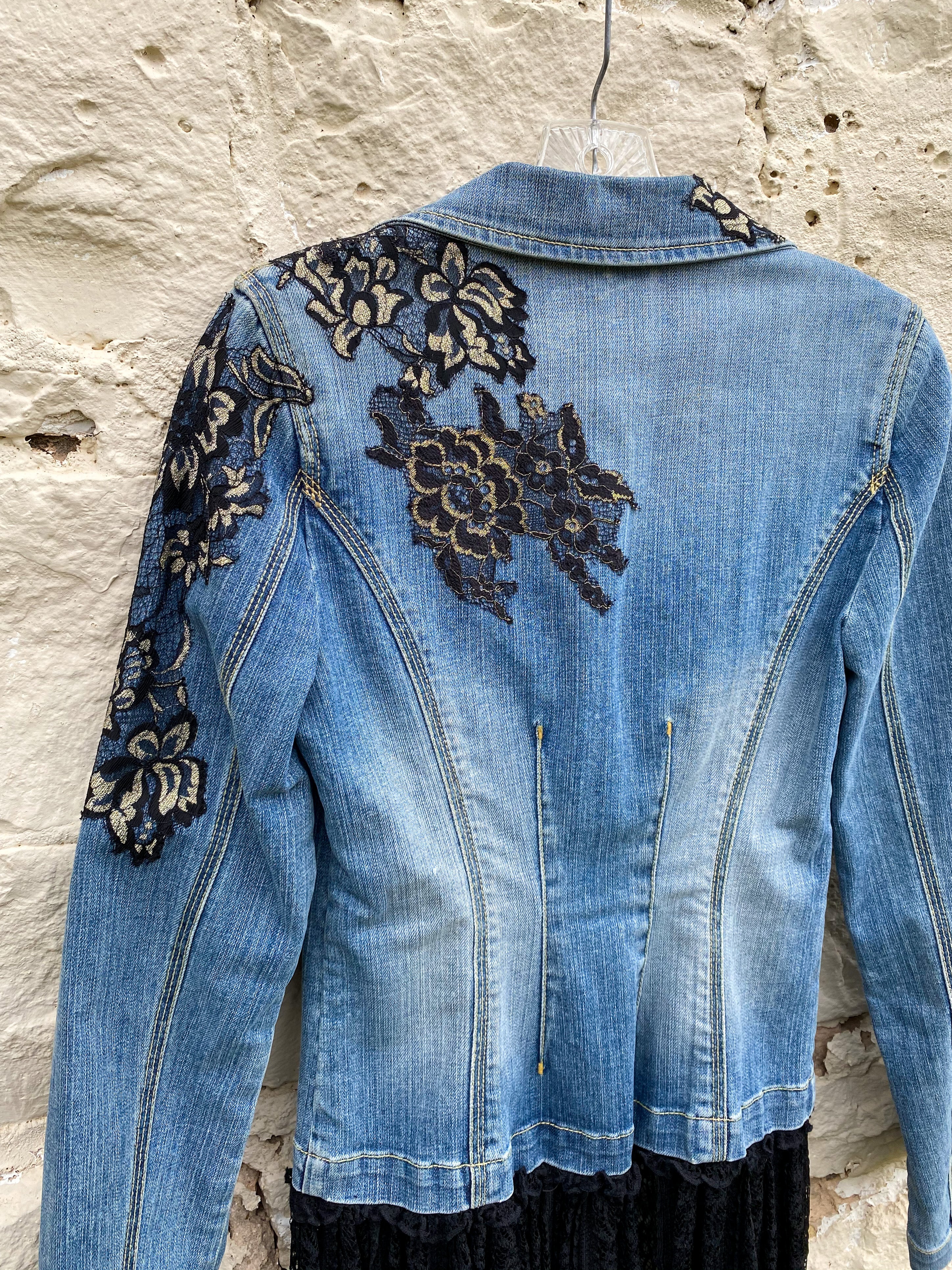 Denim Jacket with Black Lace Appliques and Long Black Lace Skirt XS