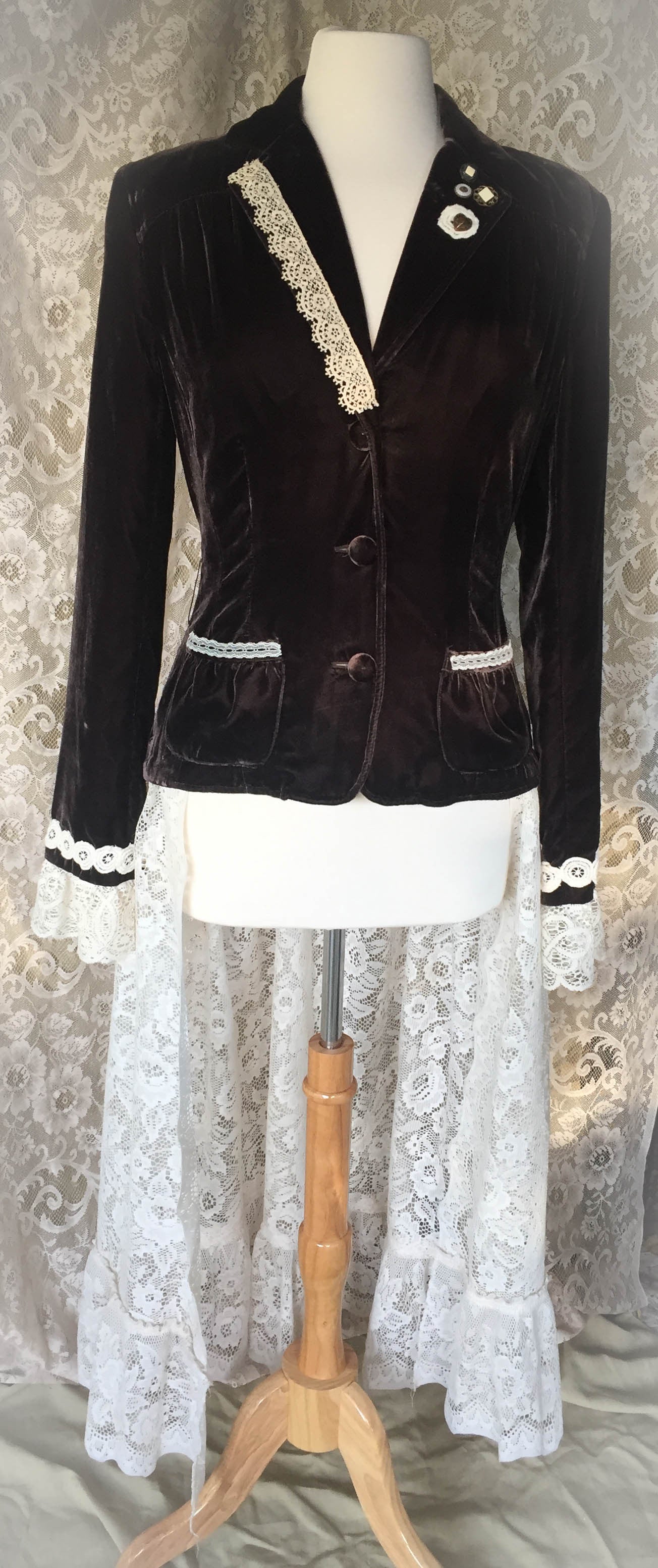Dark Brown Velvet and Lace Upcycled Victorian Jacket -MEDIUM