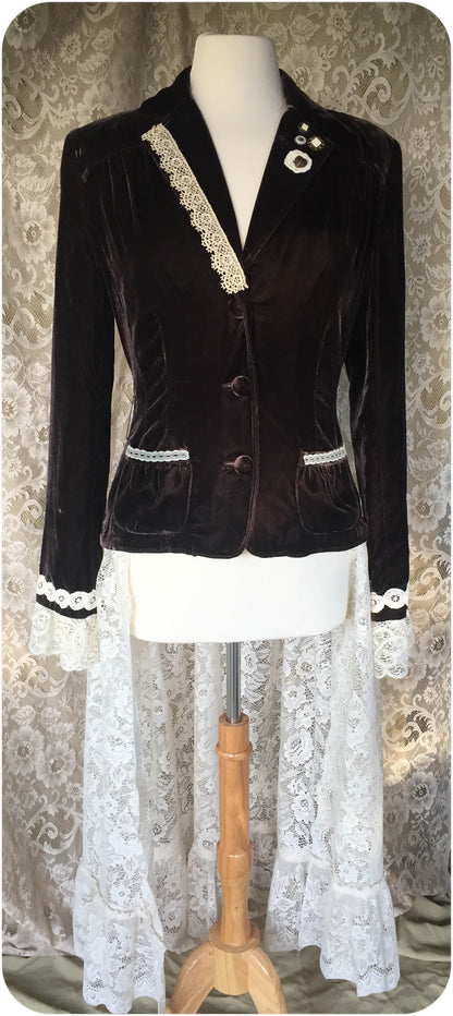 Dark Brown Velvet and Lace Upcycled Victorian Jacket -MEDIUM