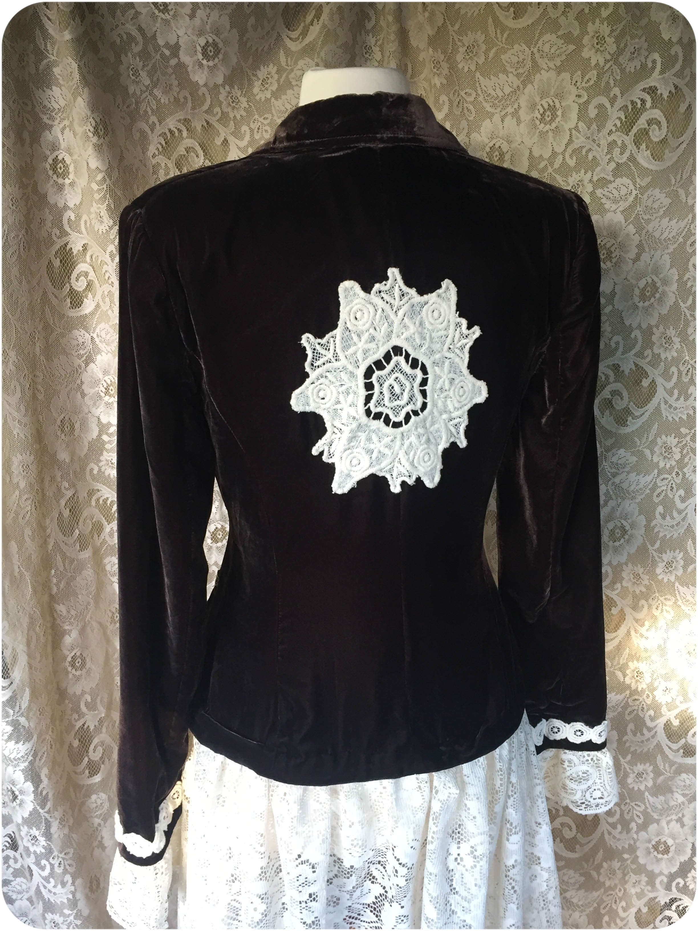 Dark Brown Velvet and Lace Upcycled Victorian Jacket -MEDIUM