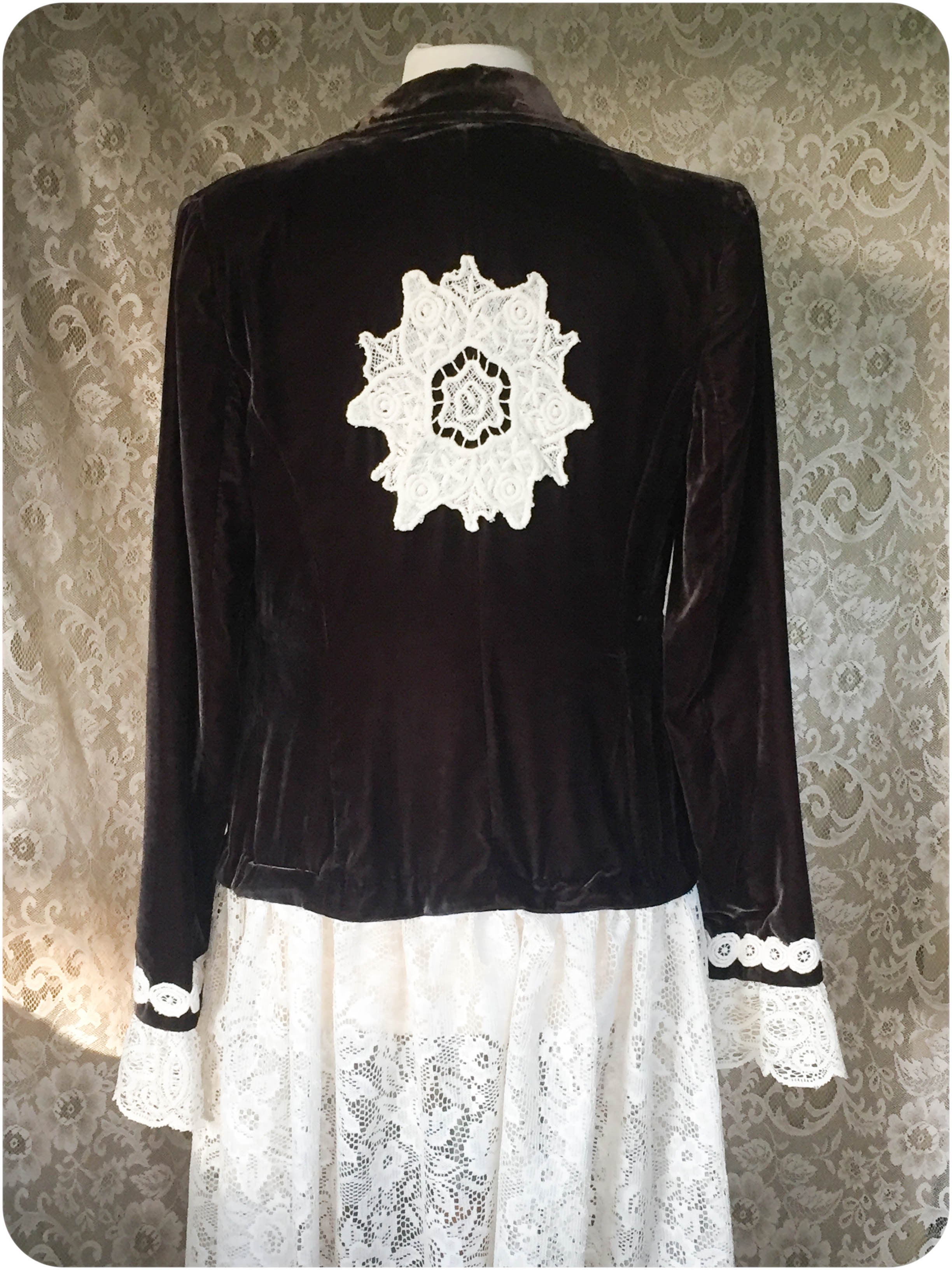 Dark Brown Velvet and Lace Upcycled Victorian Jacket -MEDIUM