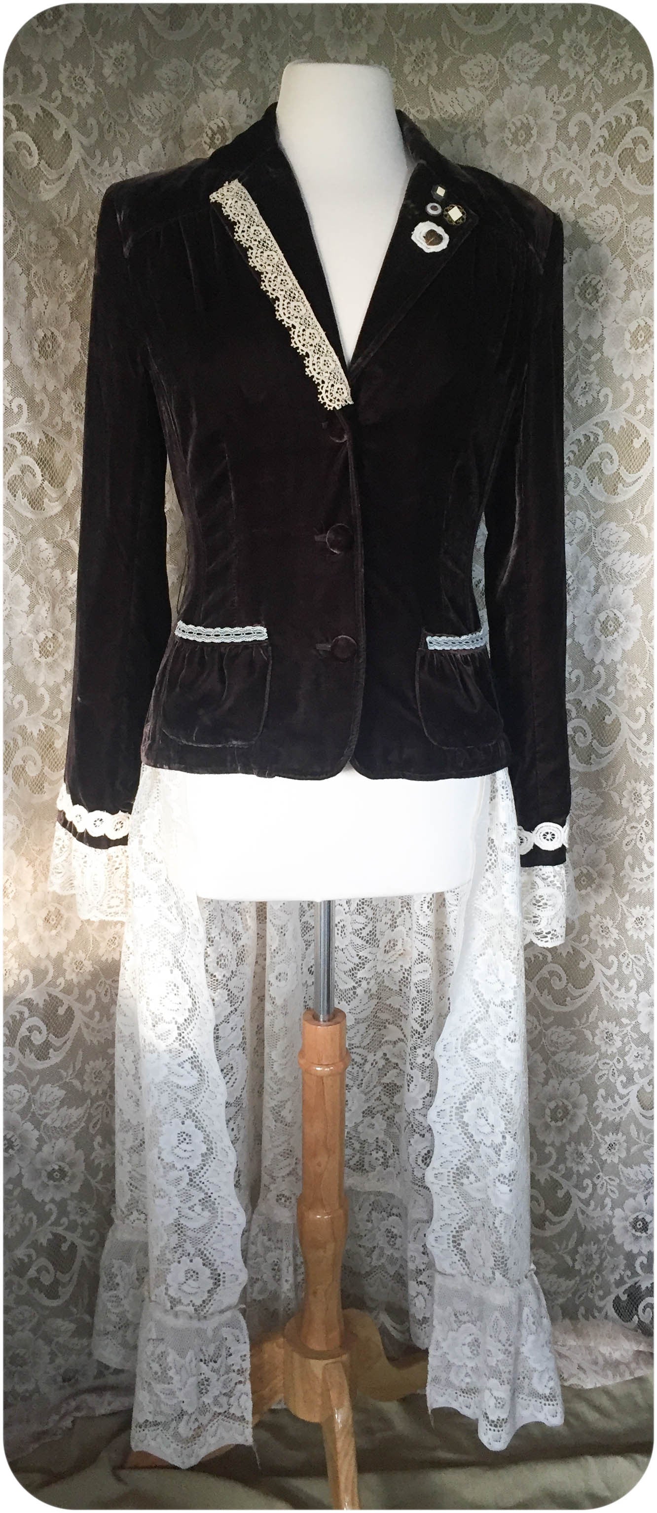 Dark Brown Velvet and Lace Upcycled Victorian Jacket -MEDIUM