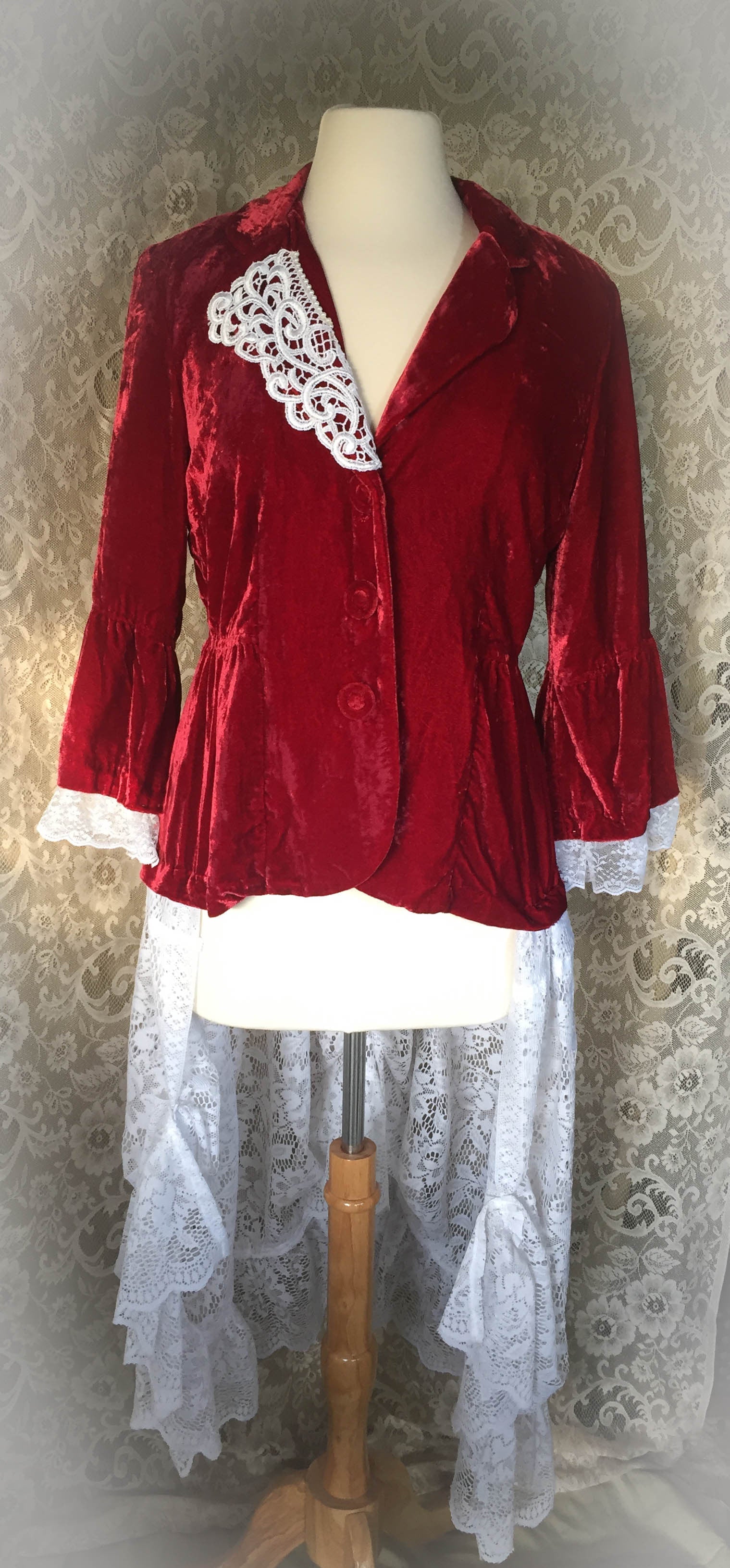 Red Crushed Velvet Recycled/Upcycled Victorian Jacket -SMALL