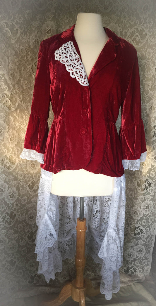 Red Crushed Velvet Recycled/Upcycled Victorian Jacket -SMALL