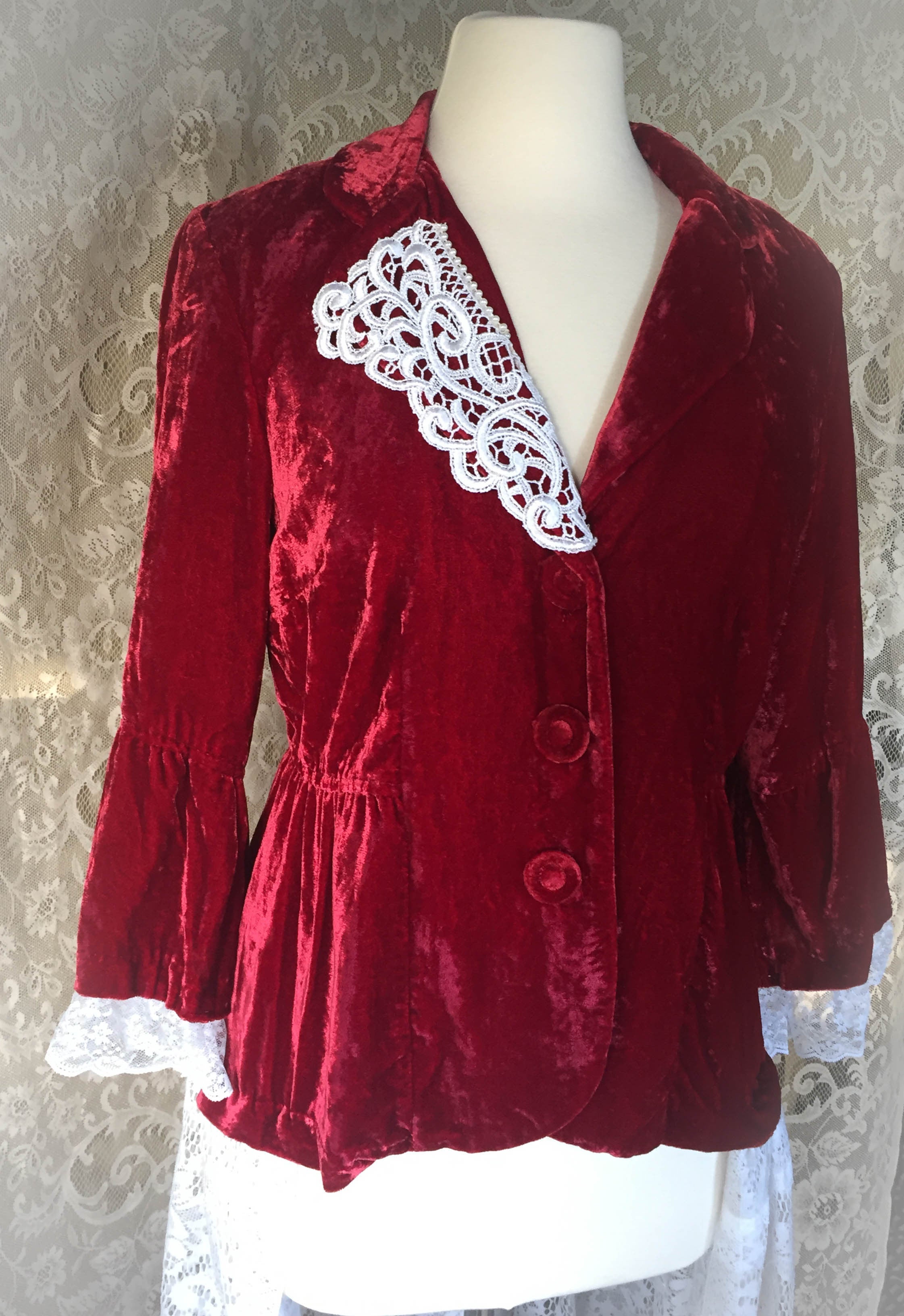 Red Crushed Velvet Recycled/Upcycled Victorian Jacket -SMALL