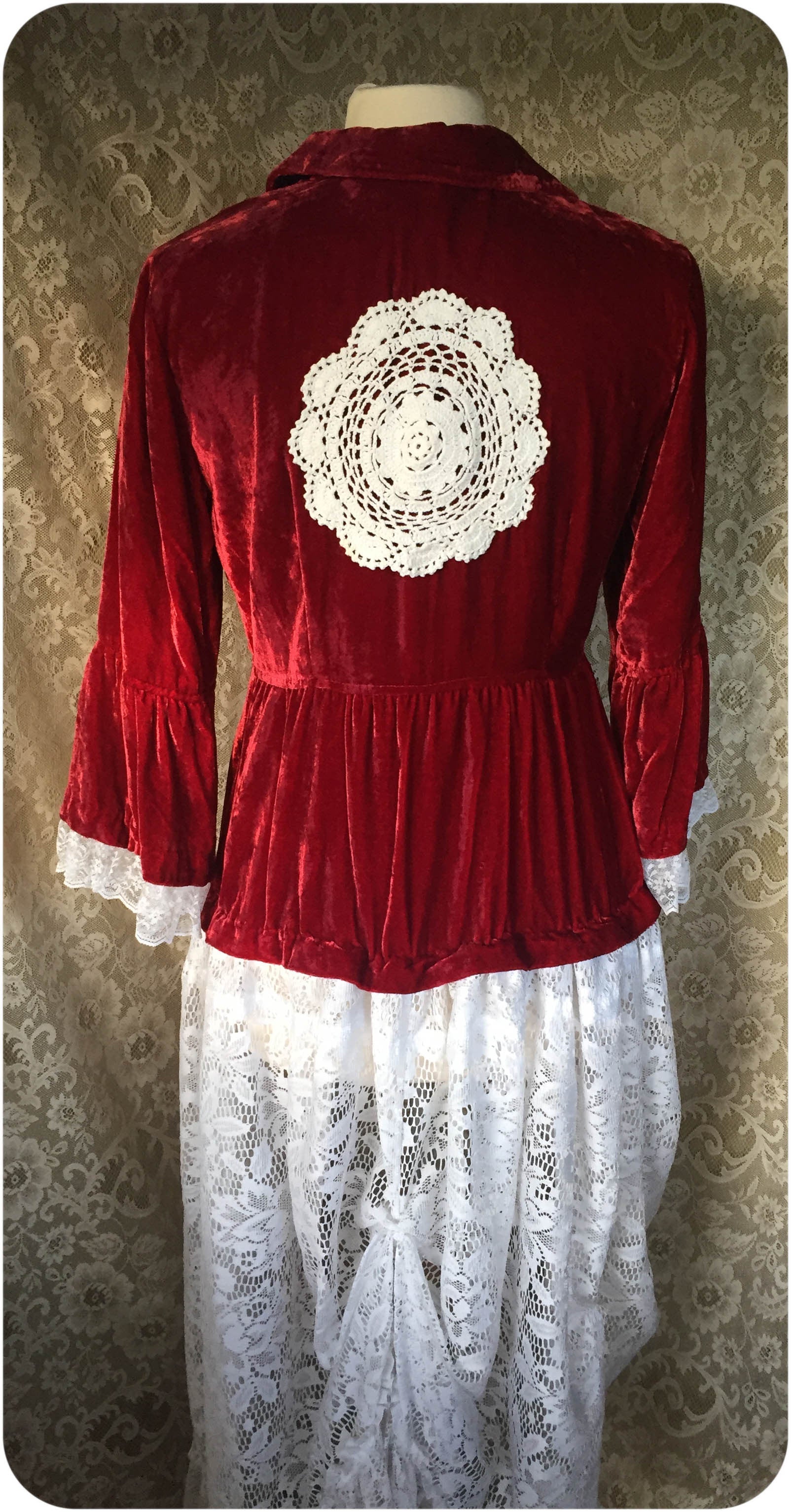 Red Crushed Velvet Recycled/Upcycled Victorian Jacket -SMALL