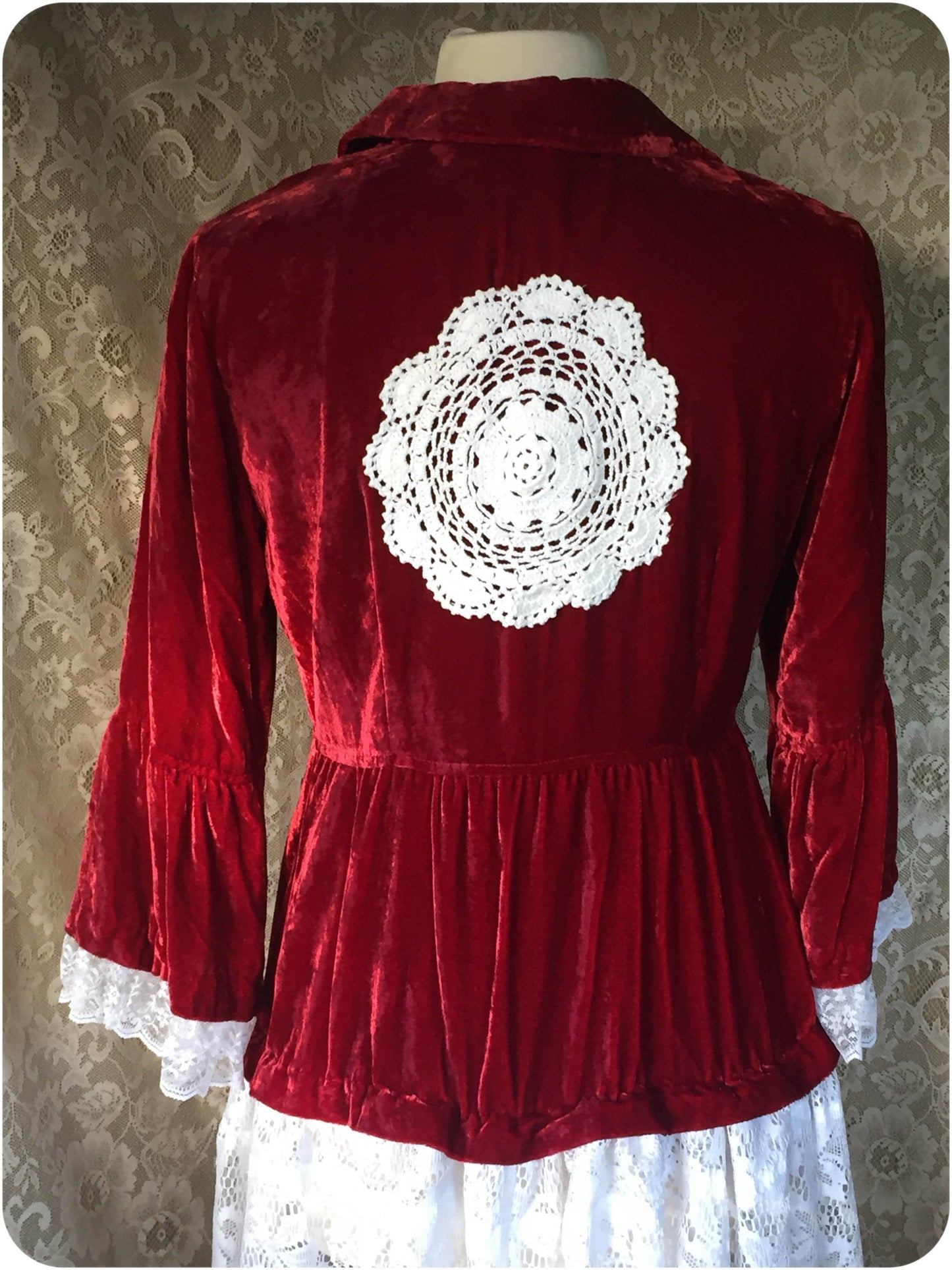 Red Crushed Velvet Recycled/Upcycled Victorian Jacket -SMALL