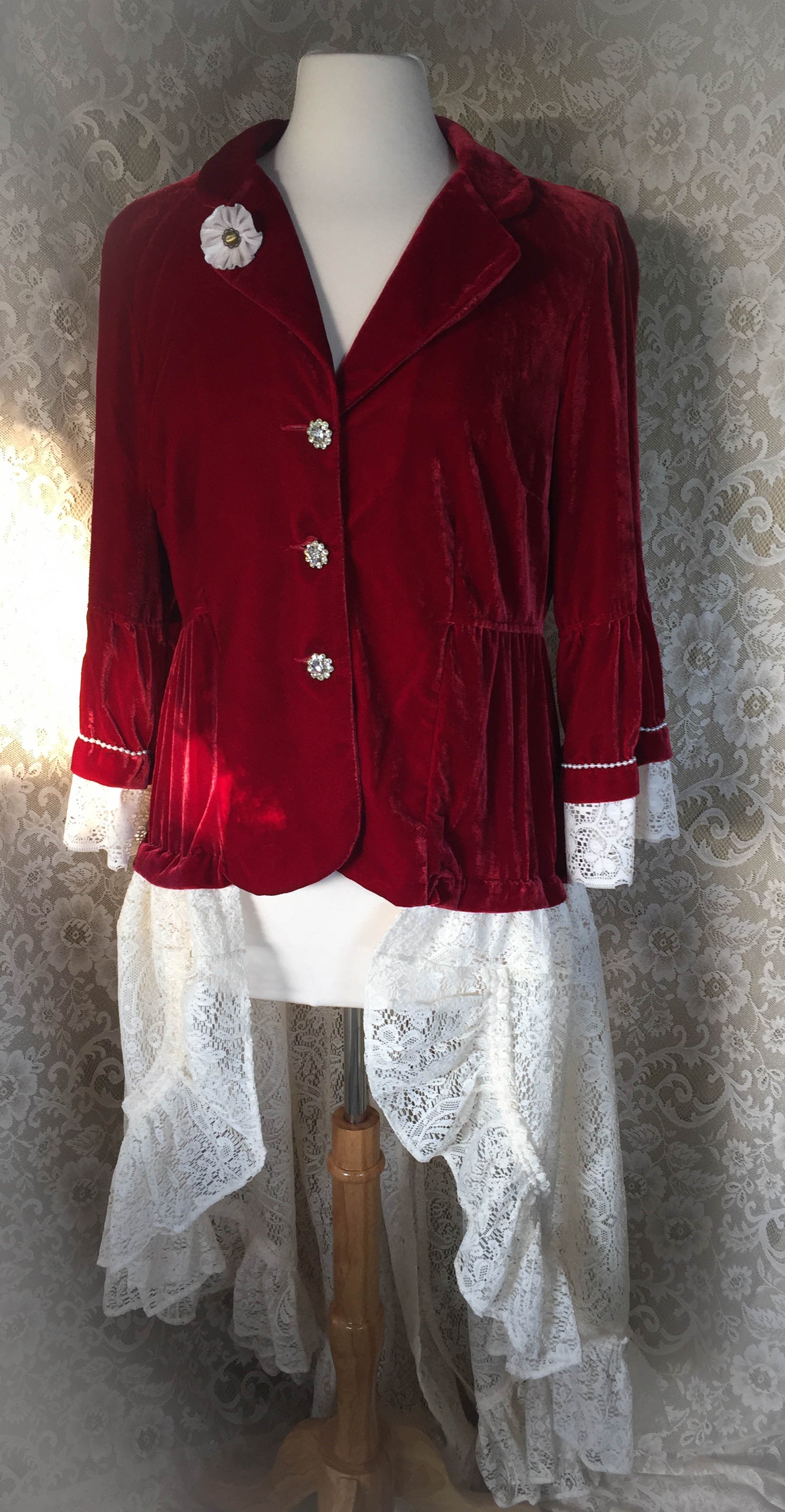 The Red Queen - Crushed Velvet Upcycled Victorian Jacket - Medium